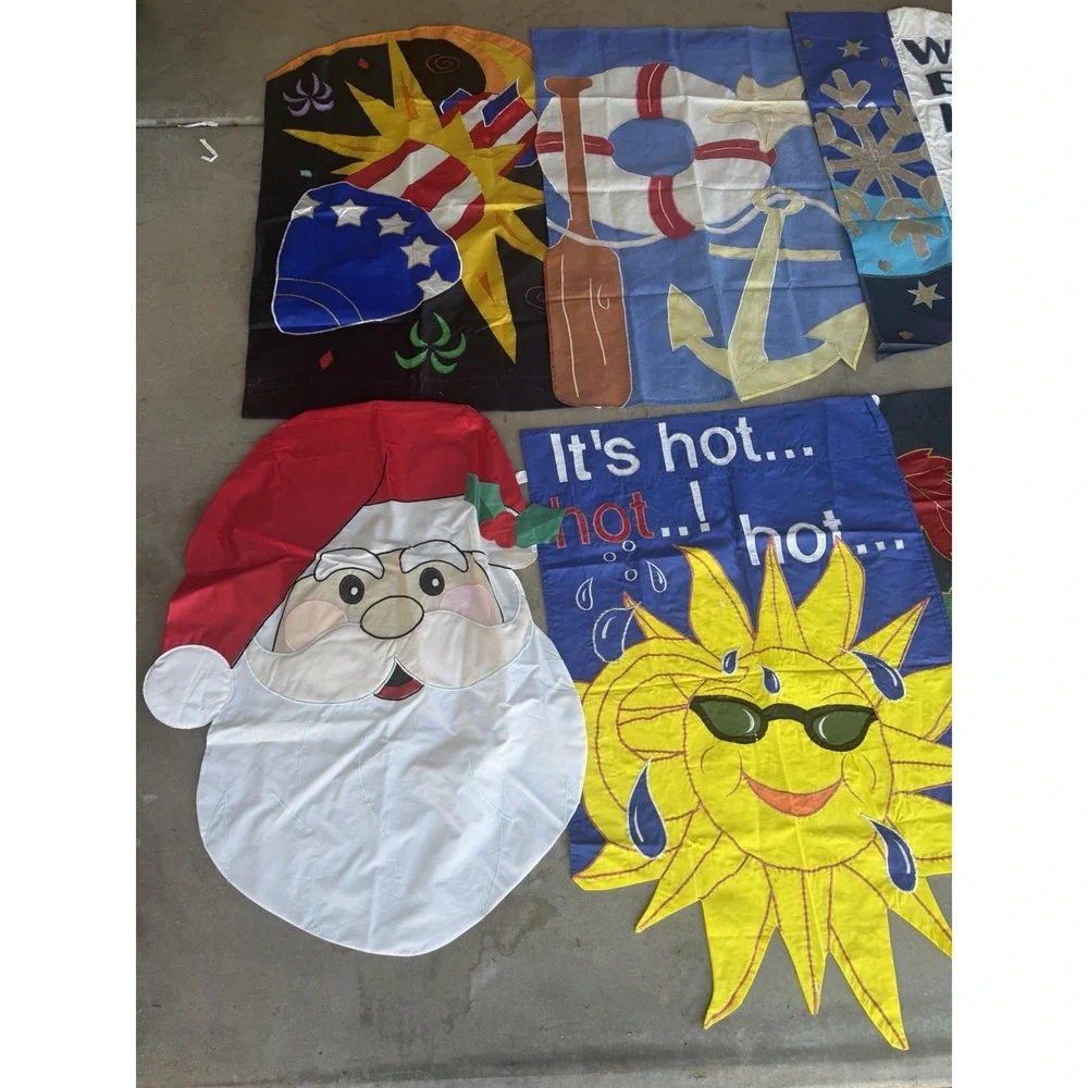 Lot of 7 vintage seasonal yard flags banners decor, weather resistant, santa sun